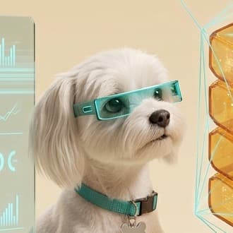 Jonny, a white Maltese, wearing turquoise AR glasses.